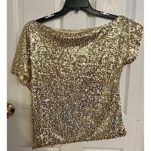 Anna Kaci Gold Sequin Asymmetrical‎ Off Shoulder Slouchy Top S Party New Years